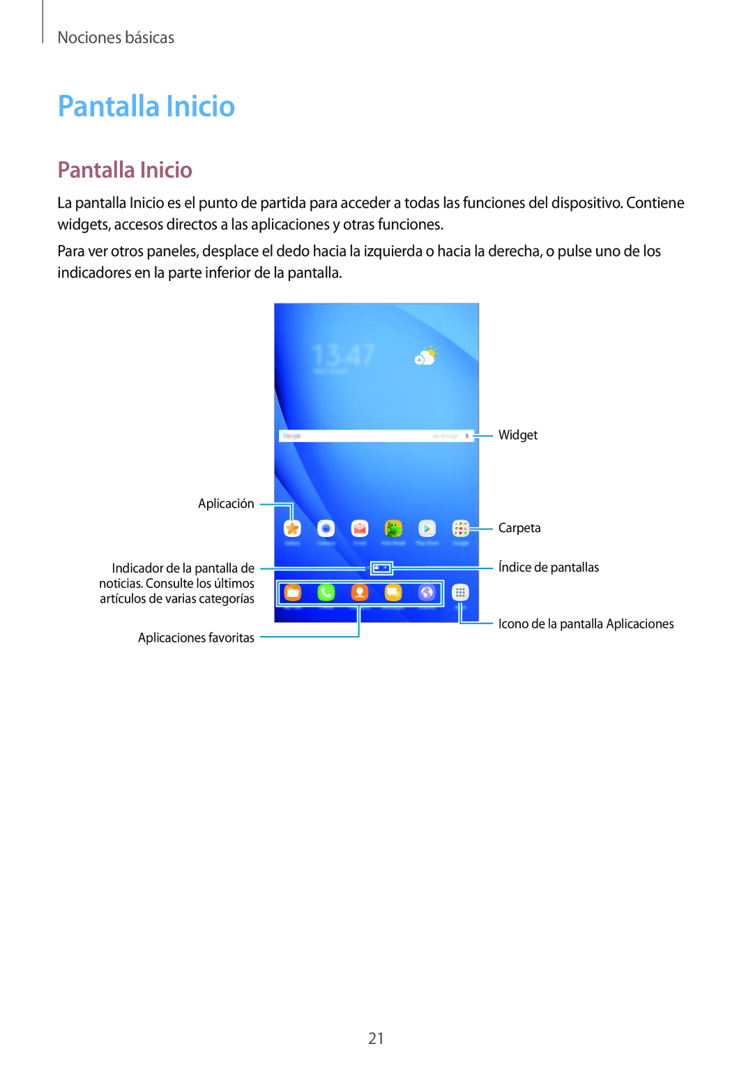 Samsung SM-T585NZKAPHE, SM-T585NZWAPHE, SM-T585NZWEPHE, SM-T585NZKEPHE manual Pantalla Inicio 