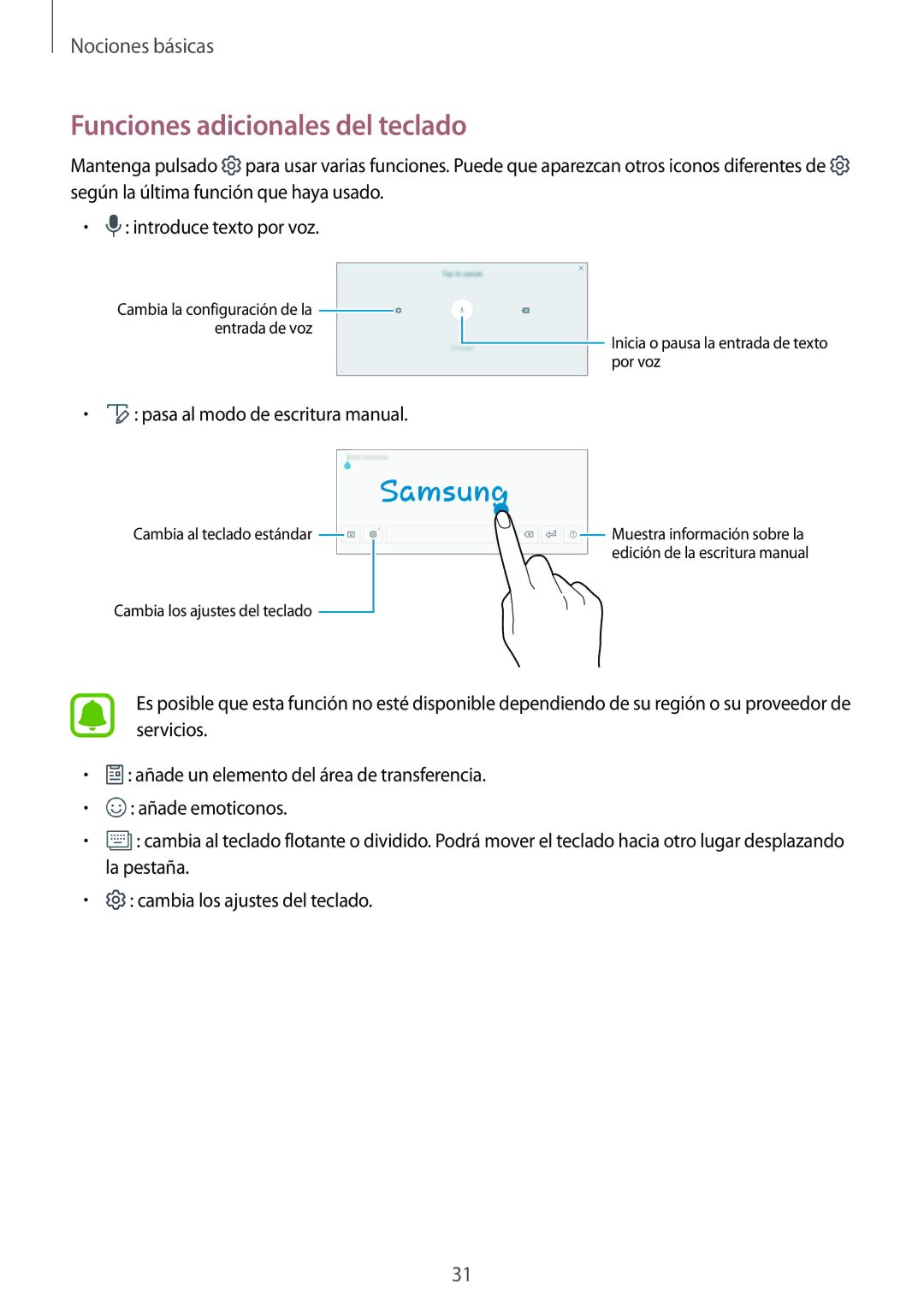 Samsung SM-T585NZKEPHE, SM-T585NZWAPHE, SM-T585NZKAPHE Funciones adicionales del teclado, Pasa al modo de escritura manual 