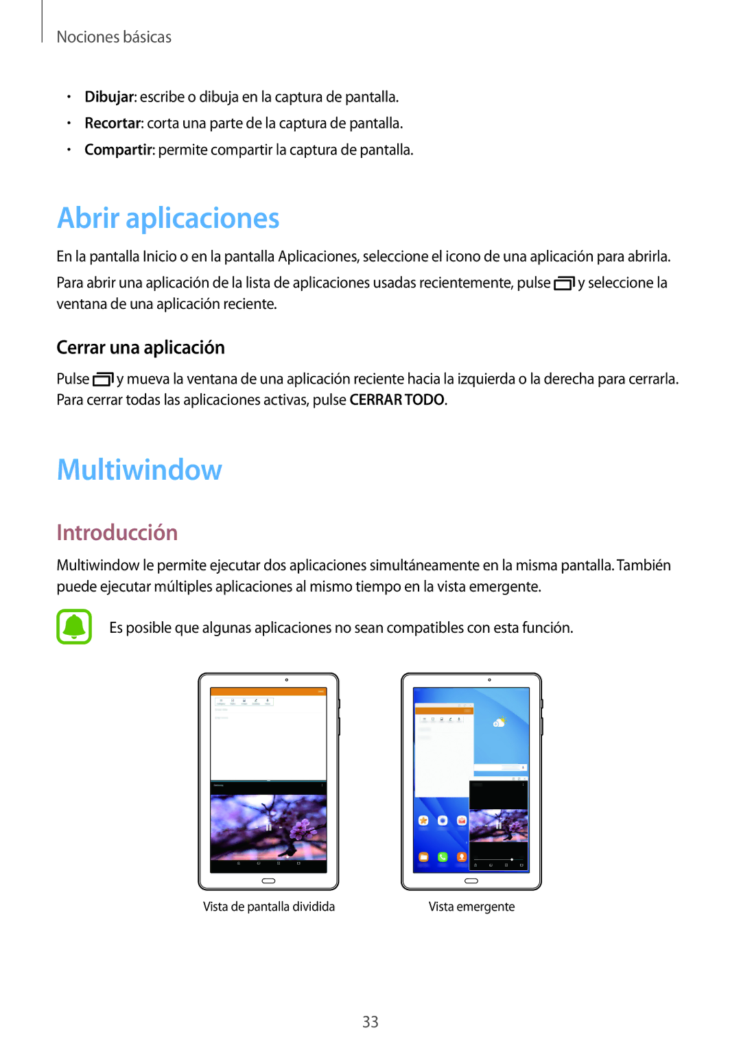 Samsung SM-T585NZKAPHE, SM-T585NZWAPHE, SM-T585NZWEPHE Abrir aplicaciones, Multiwindow, Introducción, Cerrar una aplicación 