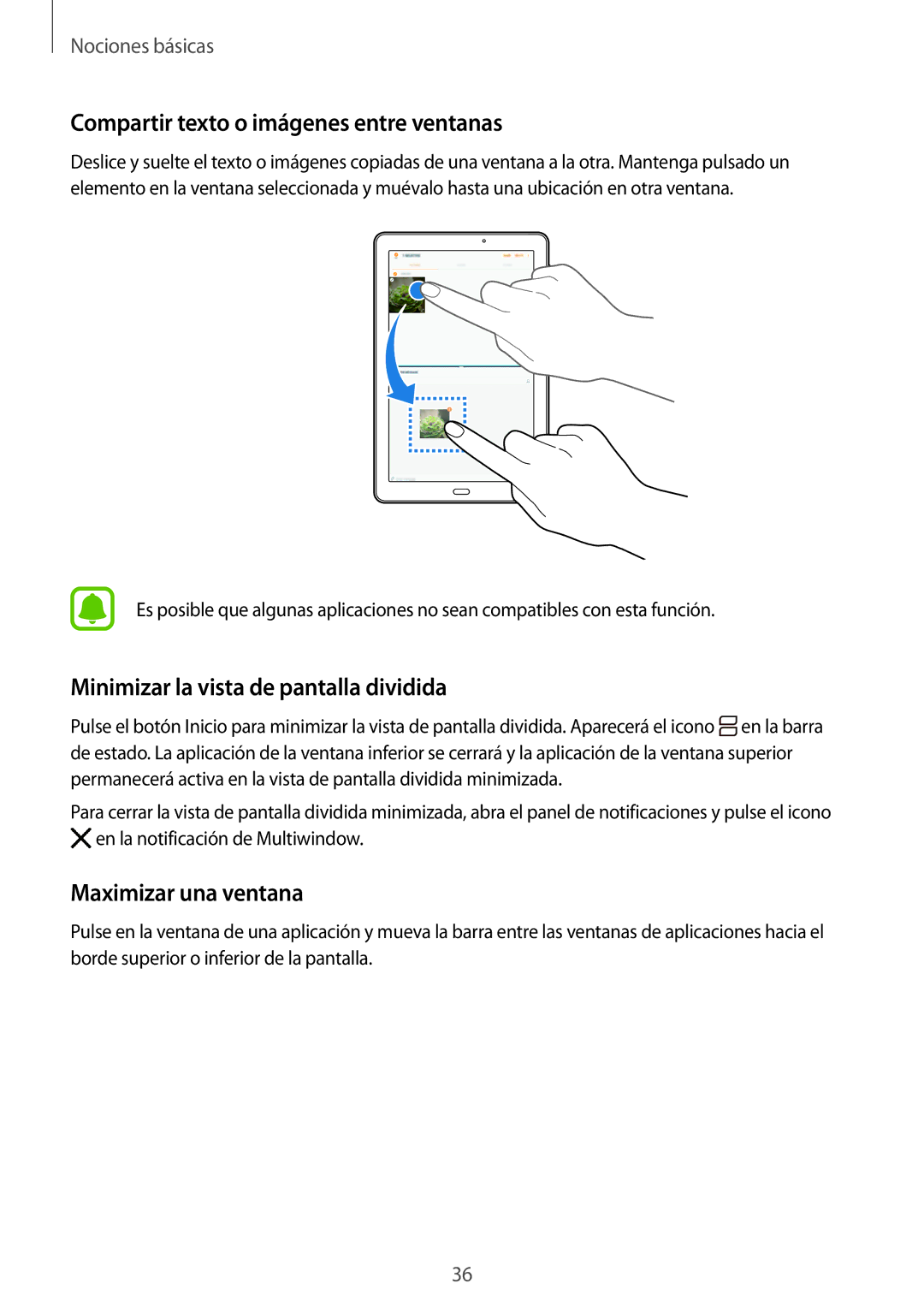 Samsung SM-T585NZWAPHE, SM-T585NZKAPHE Compartir texto o imágenes entre ventanas, Minimizar la vista de pantalla dividida 