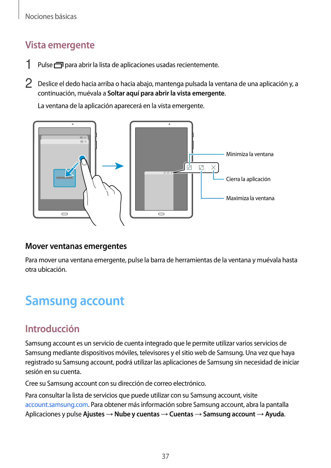 Samsung SM-T585NZKAPHE, SM-T585NZWAPHE, SM-T585NZWEPHE manual Samsung account, Vista emergente, Mover ventanas emergentes 