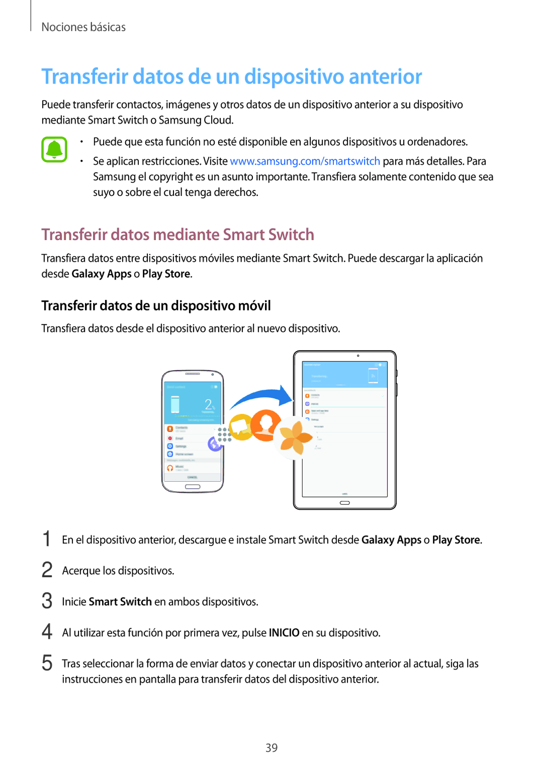 Samsung SM-T585NZKEPHE, SM-T585NZWAPHE Transferir datos de un dispositivo anterior, Transferir datos mediante Smart Switch 