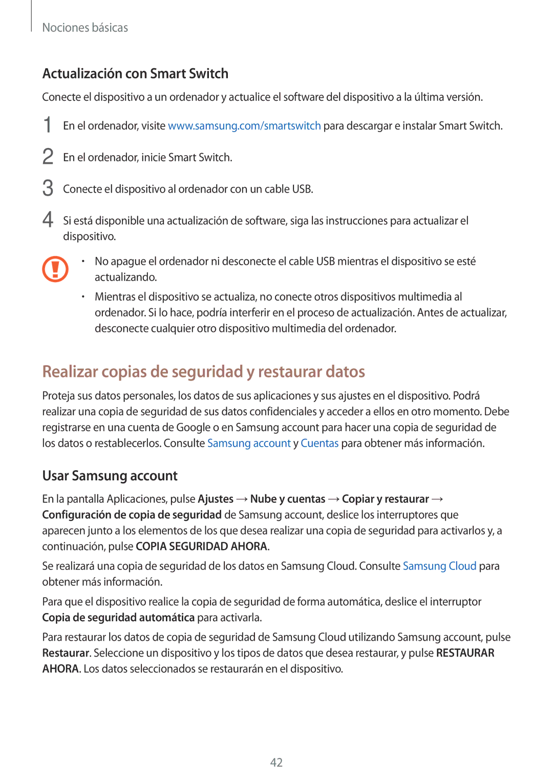 Samsung SM-T585NZWEPHE, SM-T585NZWAPHE manual Realizar copias de seguridad y restaurar datos, Actualización con Smart Switch 