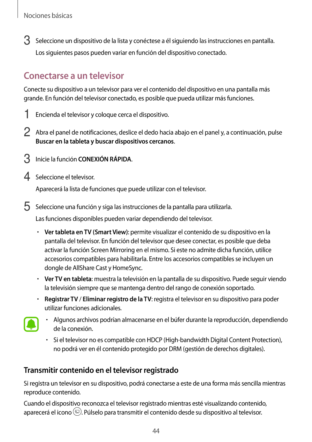 Samsung SM-T585NZWAPHE, SM-T585NZKAPHE manual Conectarse a un televisor, Transmitir contenido en el televisor registrado 