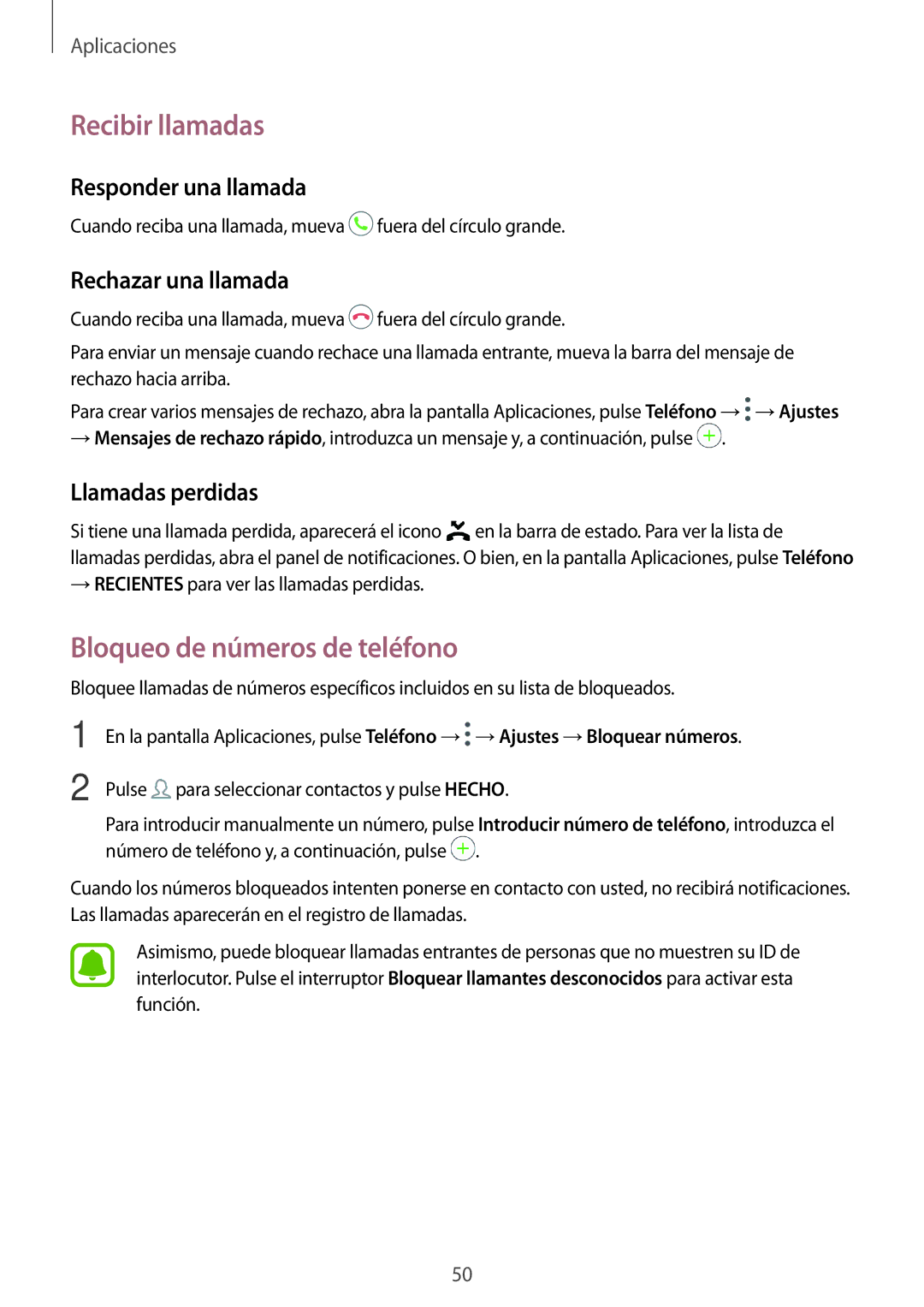 Samsung SM-T585NZWEPHE manual Recibir llamadas, Bloqueo de números de teléfono, Responder una llamada, Rechazar una llamada 