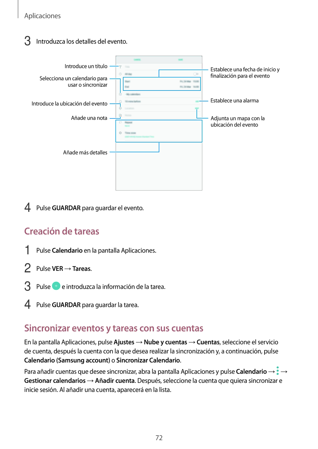 Samsung SM-T585NZWAPHE, SM-T585NZKAPHE Creación de tareas, Sincronizar eventos y tareas con sus cuentas, Pulse VER →Tareas 