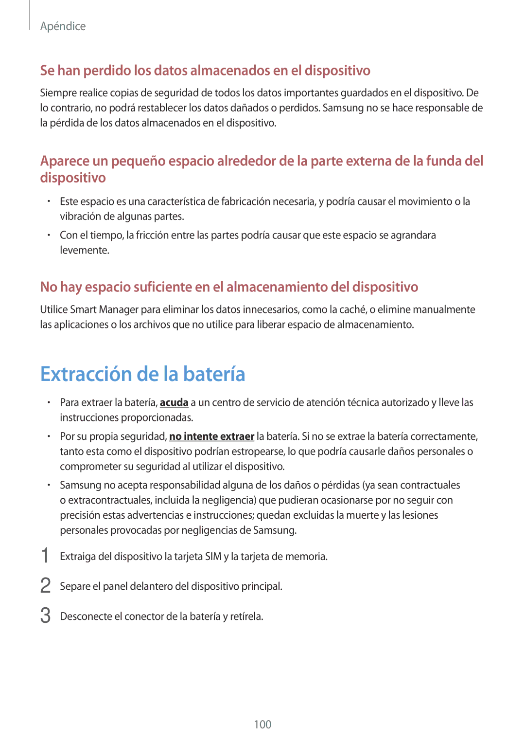 Samsung SM-T585NZWAPHE, SM-T585NZKAPHE Extracción de la batería, Se han perdido los datos almacenados en el dispositivo 