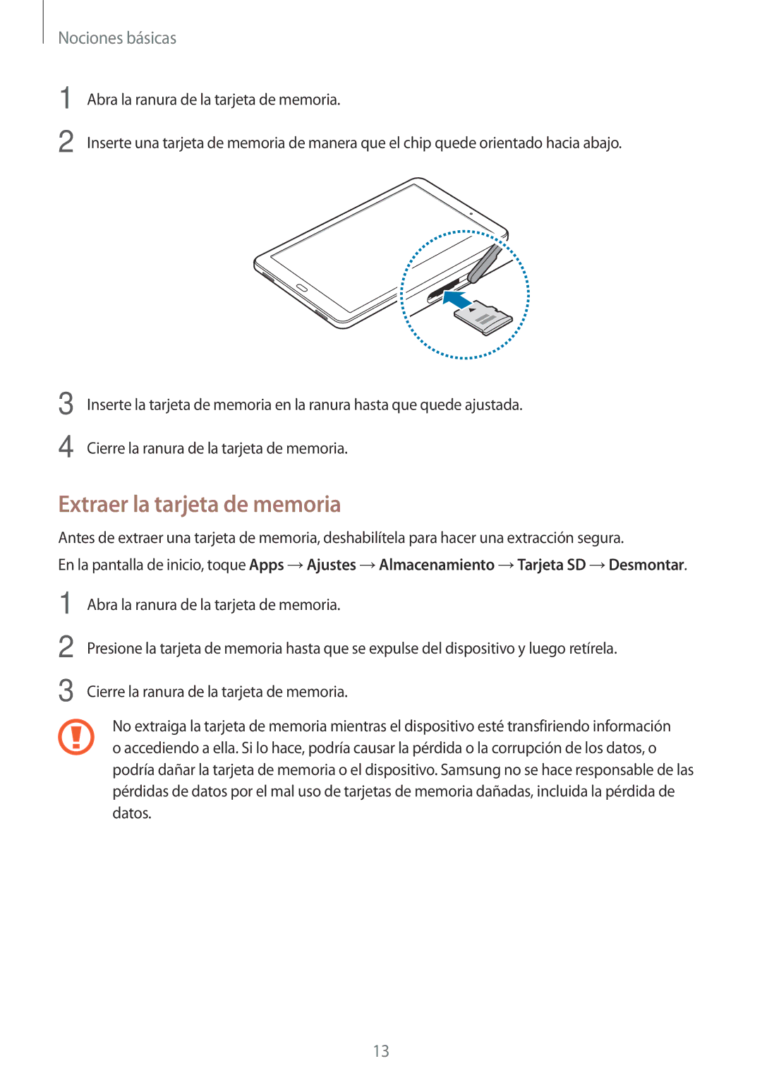 Samsung SM-T585NZKAPHE, SM-T585NZWAPHE, SM-T585NZWEPHE, SM-T585NZKEPHE manual Extraer la tarjeta de memoria 