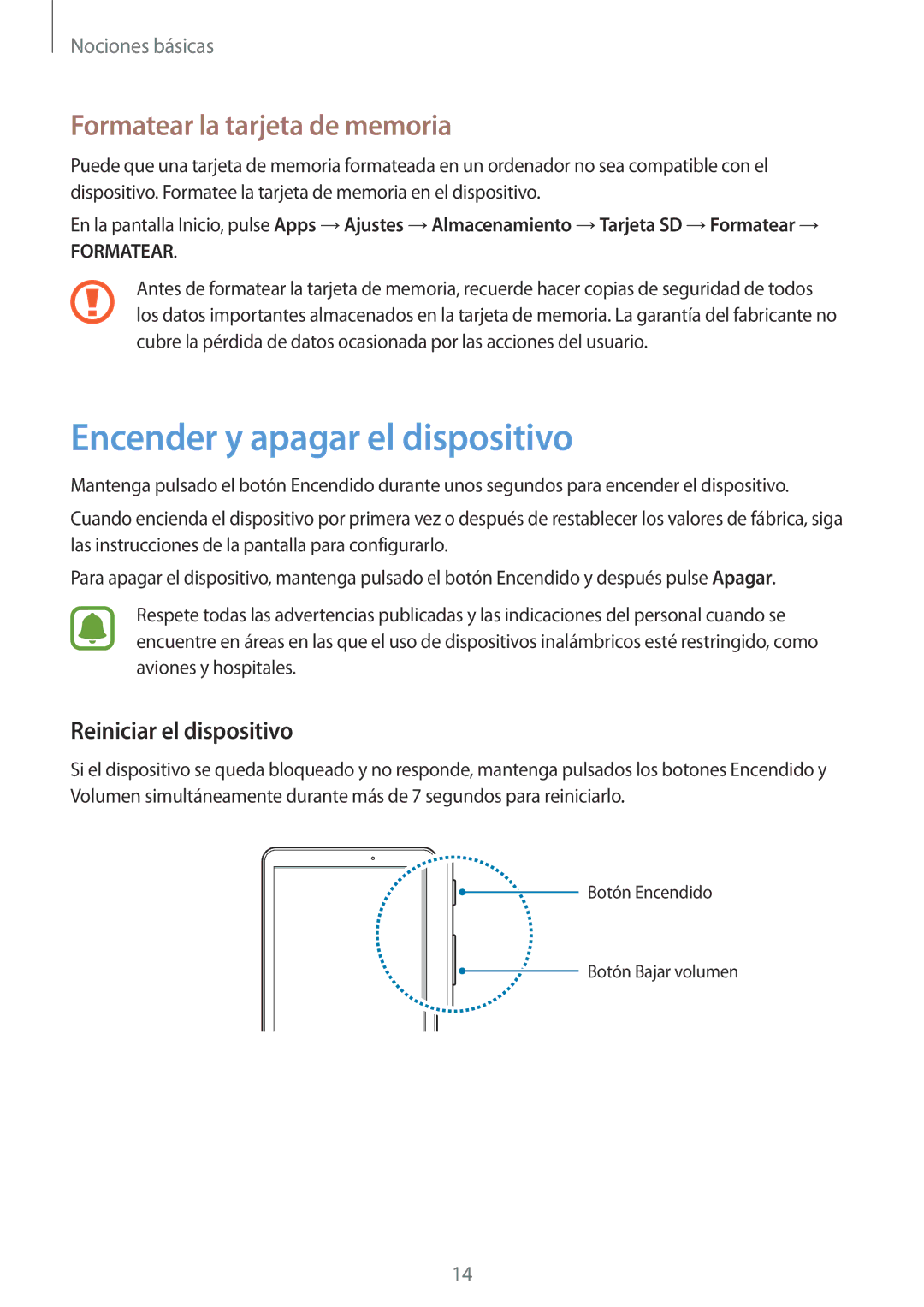 Samsung SM-T585NZWEPHE manual Encender y apagar el dispositivo, Formatear la tarjeta de memoria, Reiniciar el dispositivo 