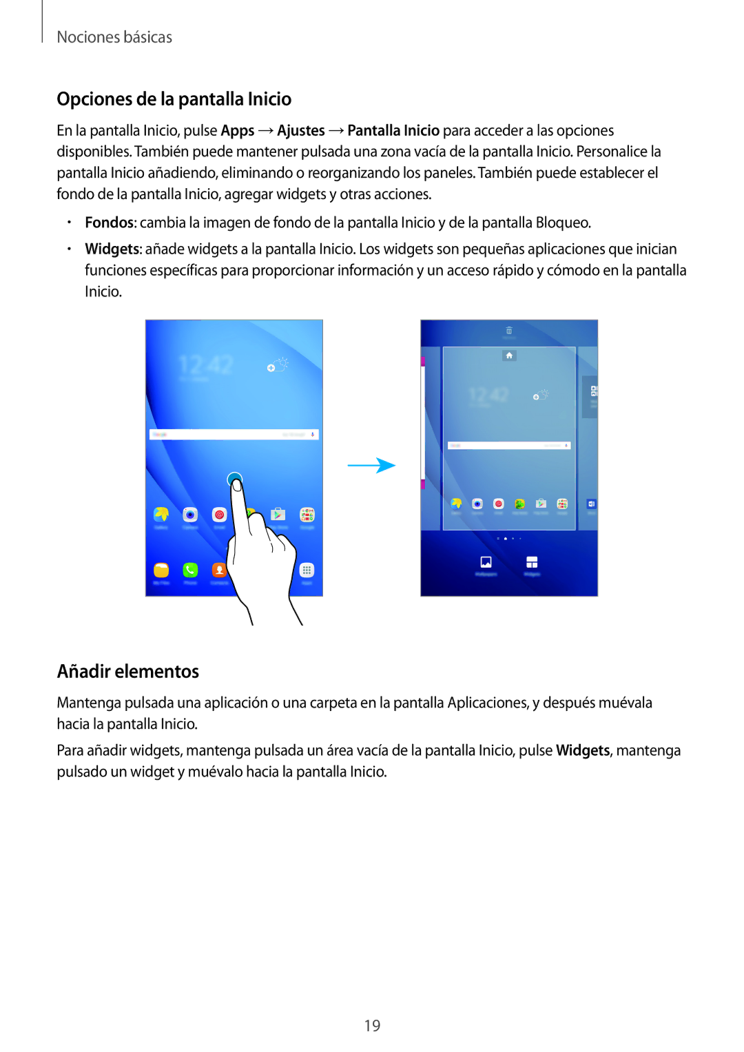 Samsung SM-T585NZKEPHE, SM-T585NZWAPHE, SM-T585NZKAPHE, SM-T585NZWEPHE manual Opciones de la pantalla Inicio, Añadir elementos 