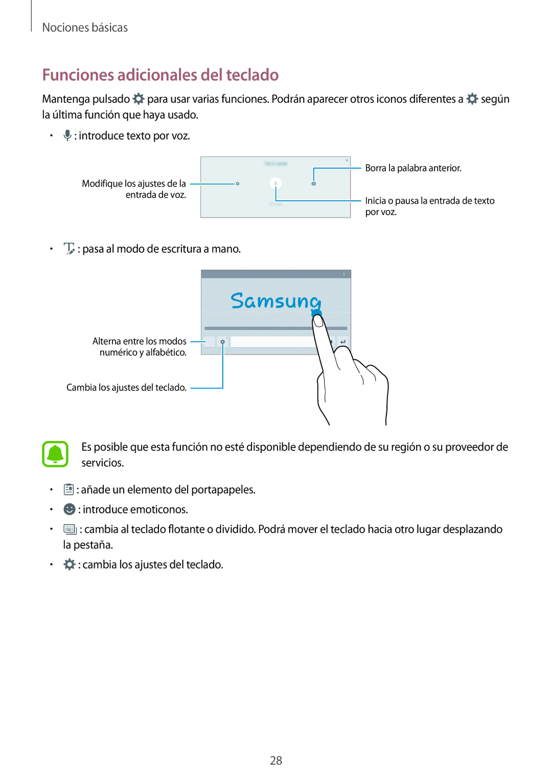 Samsung SM-T585NZWAPHE, SM-T585NZKAPHE, SM-T585NZWEPHE, SM-T585NZKEPHE manual Funciones adicionales del teclado 