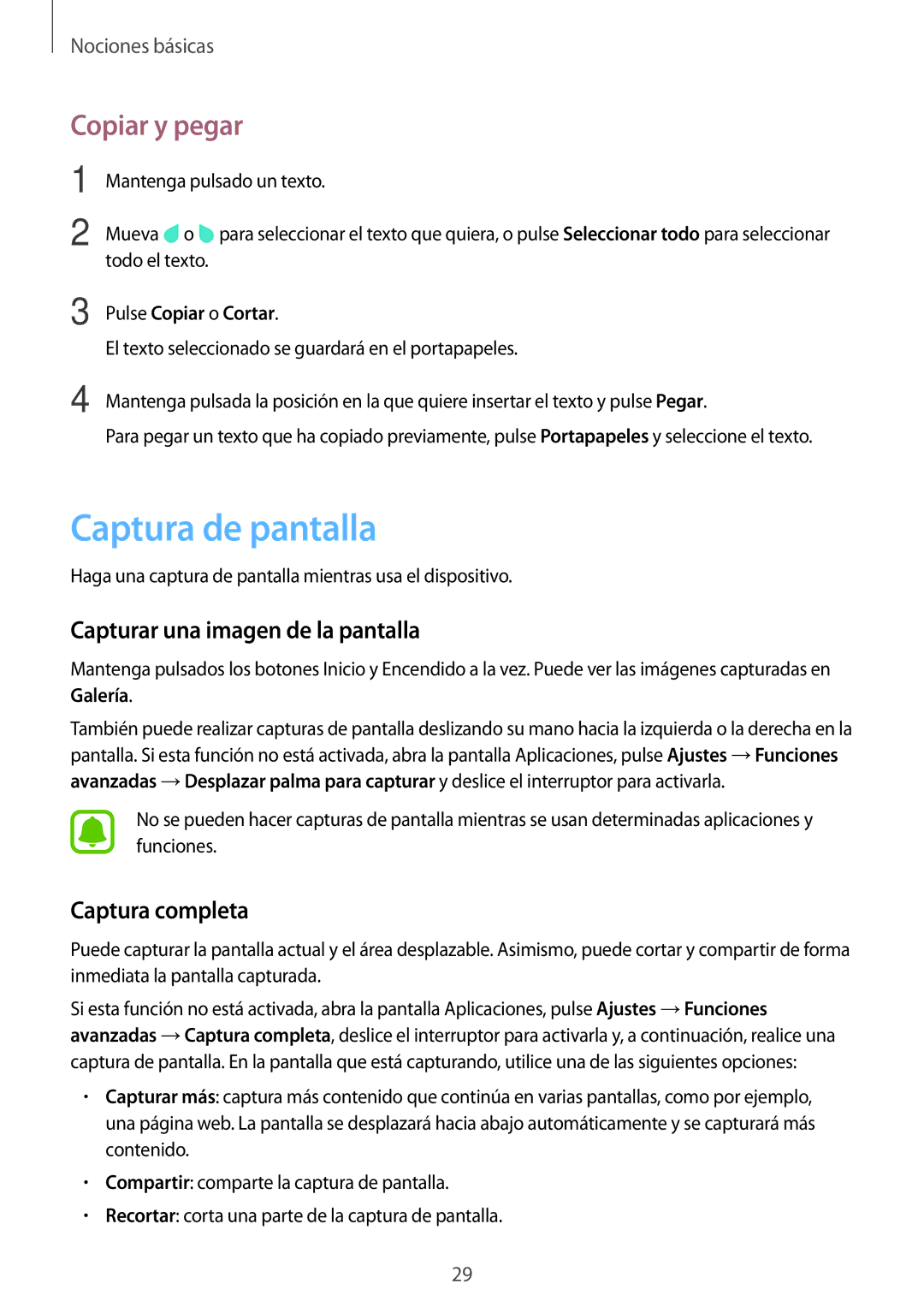 Samsung SM-T585NZKAPHE manual Captura de pantalla, Copiar y pegar, Capturar una imagen de la pantalla, Captura completa 