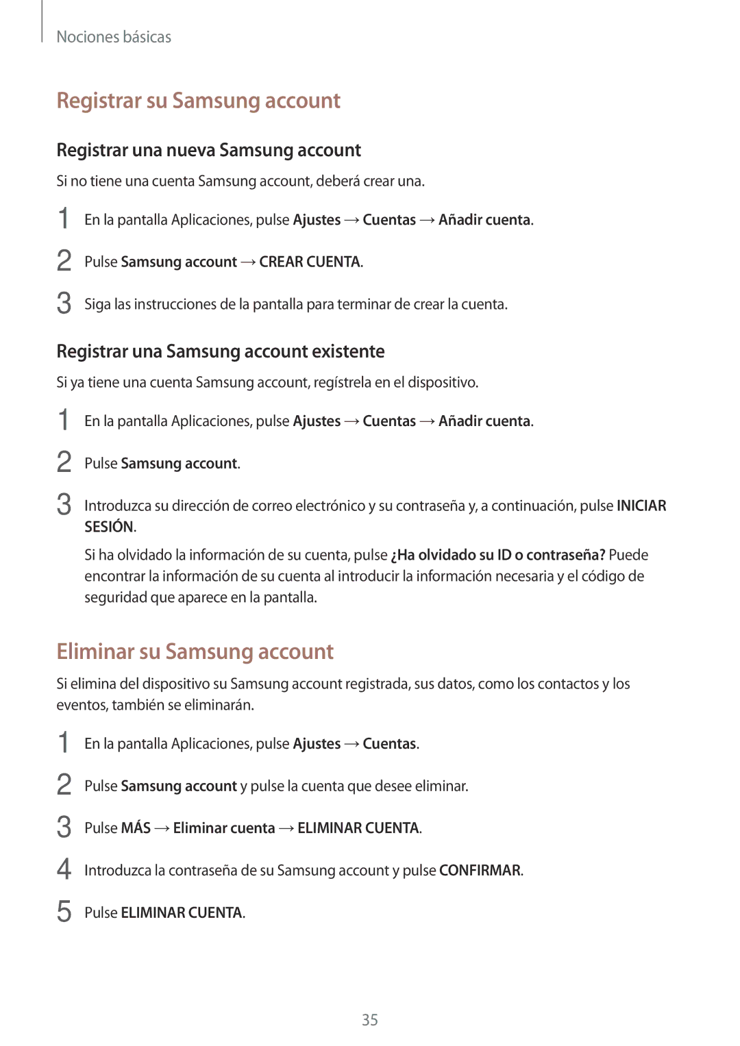 Samsung SM-T585NZKEPHE Registrar su Samsung account, Eliminar su Samsung account, Registrar una nueva Samsung account 