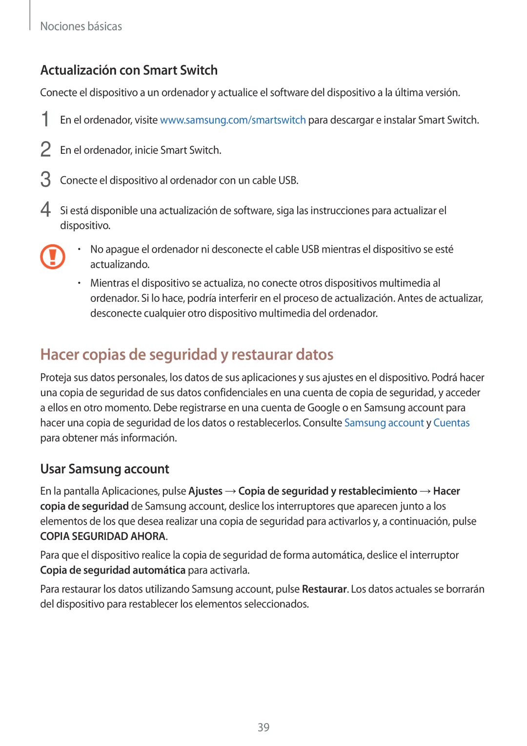 Samsung SM-T585NZKEPHE Hacer copias de seguridad y restaurar datos, Actualización con Smart Switch, Usar Samsung account 