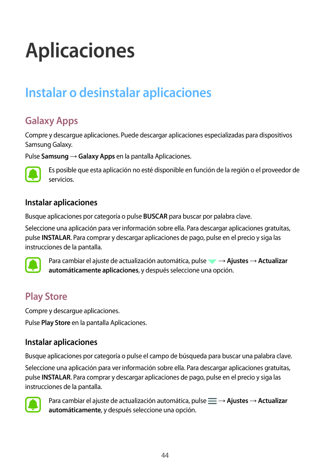 Samsung SM-T585NZWAPHE, SM-T585NZKAPHE Instalar o desinstalar aplicaciones, Galaxy Apps, Play Store, Instalar aplicaciones 