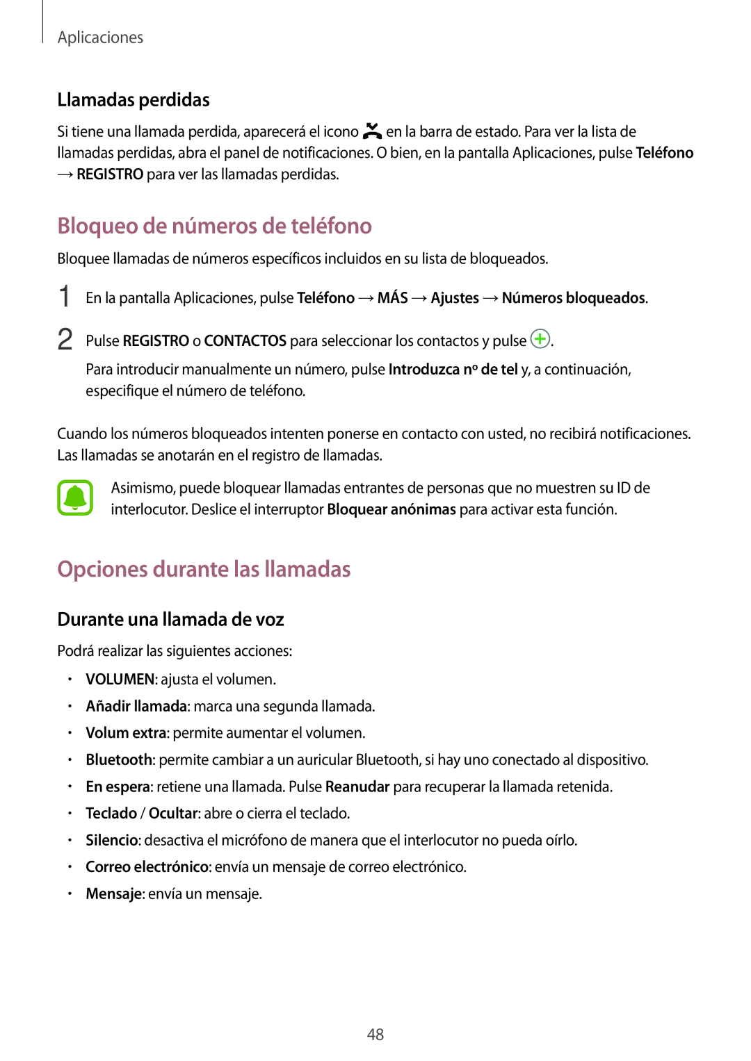 Samsung SM-T585NZWAPHE, SM-T585NZKAPHE Bloqueo de números de teléfono, Opciones durante las llamadas, Llamadas perdidas 