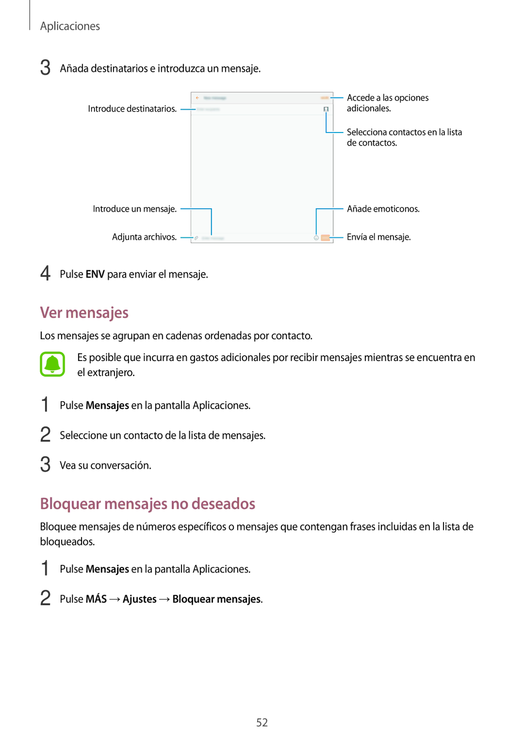 Samsung SM-T585NZWAPHE, SM-T585NZKAPHE, SM-T585NZWEPHE, SM-T585NZKEPHE manual Ver mensajes, Bloquear mensajes no deseados 