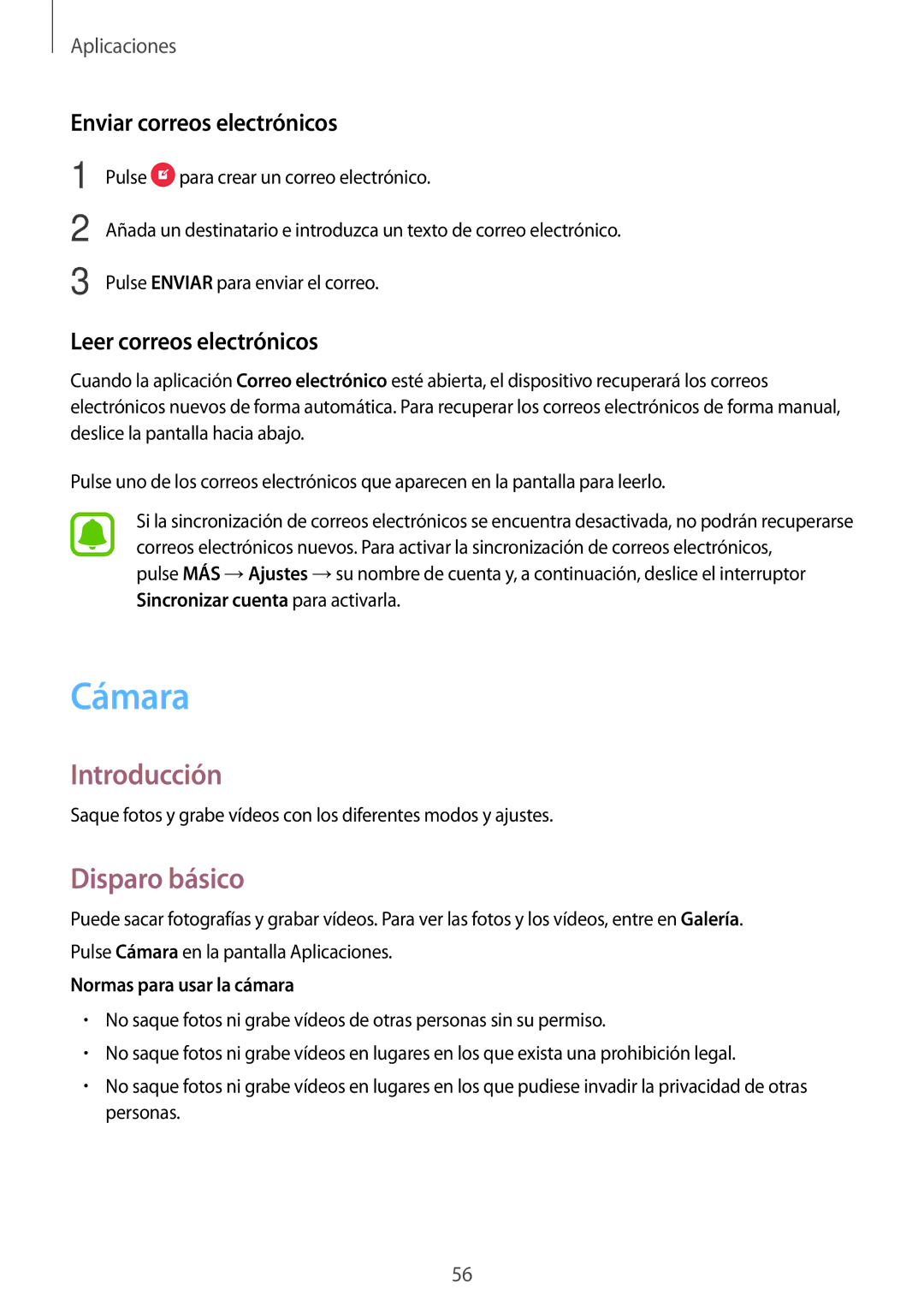 Samsung SM-T585NZWAPHE, SM-T585NZKAPHE manual Cámara, Disparo básico, Enviar correos electrónicos, Leer correos electrónicos 