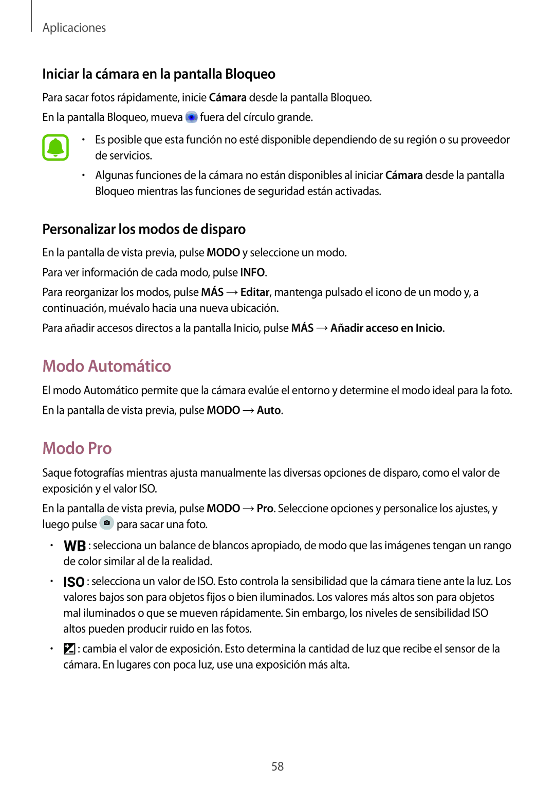 Samsung SM-T585NZWEPHE, SM-T585NZWAPHE, SM-T585NZKAPHE Modo Automático, Modo Pro, Iniciar la cámara en la pantalla Bloqueo 