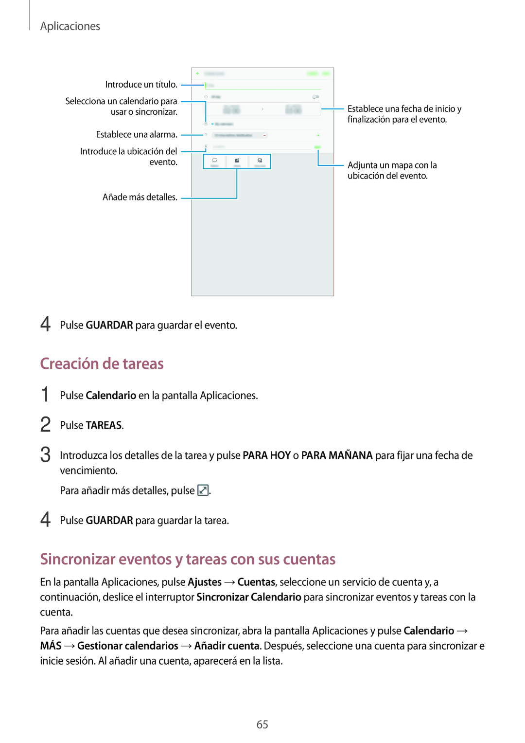 Samsung SM-T585NZKAPHE, SM-T585NZWAPHE, SM-T585NZWEPHE Creación de tareas, Sincronizar eventos y tareas con sus cuentas 