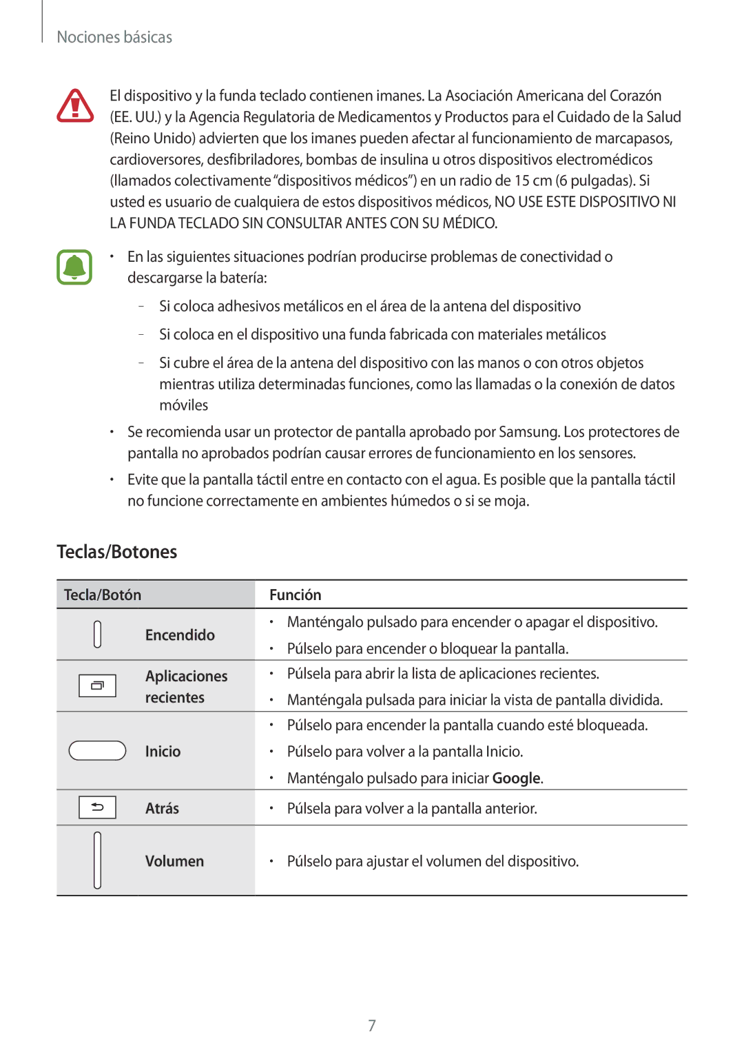 Samsung SM-T585NZKEPHE, SM-T585NZWAPHE, SM-T585NZKAPHE, SM-T585NZWEPHE manual Teclas/Botones 