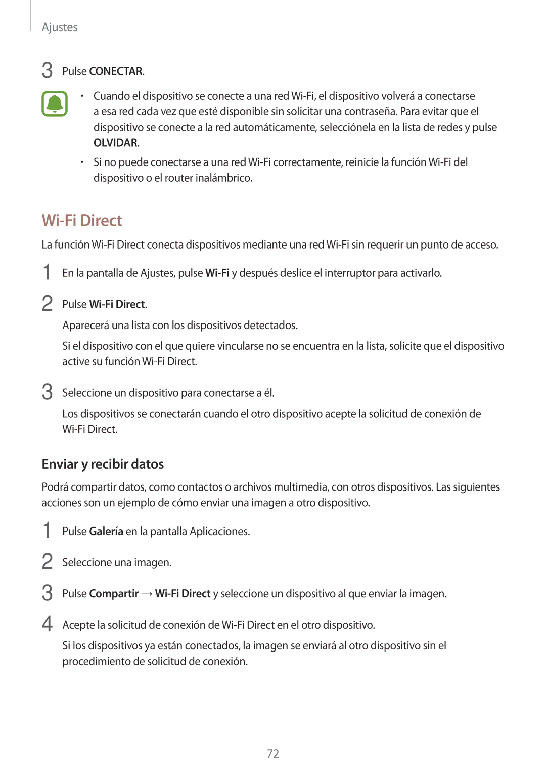 Samsung SM-T585NZWAPHE, SM-T585NZKAPHE, SM-T585NZWEPHE manual Enviar y recibir datos, Pulse Conectar, Pulse Wi-Fi Direct 