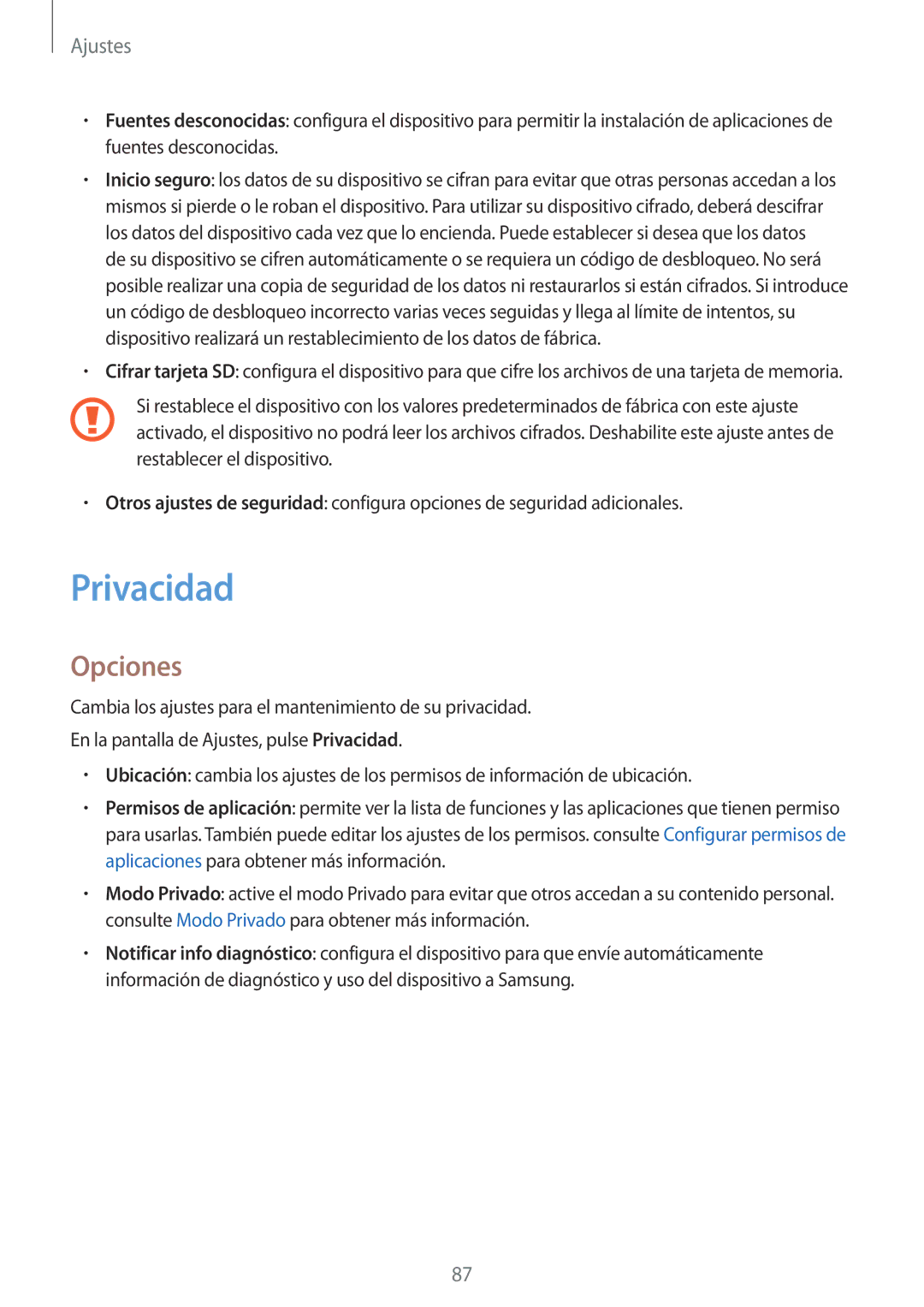 Samsung SM-T585NZKEPHE, SM-T585NZWAPHE, SM-T585NZKAPHE, SM-T585NZWEPHE manual Privacidad, Opciones 