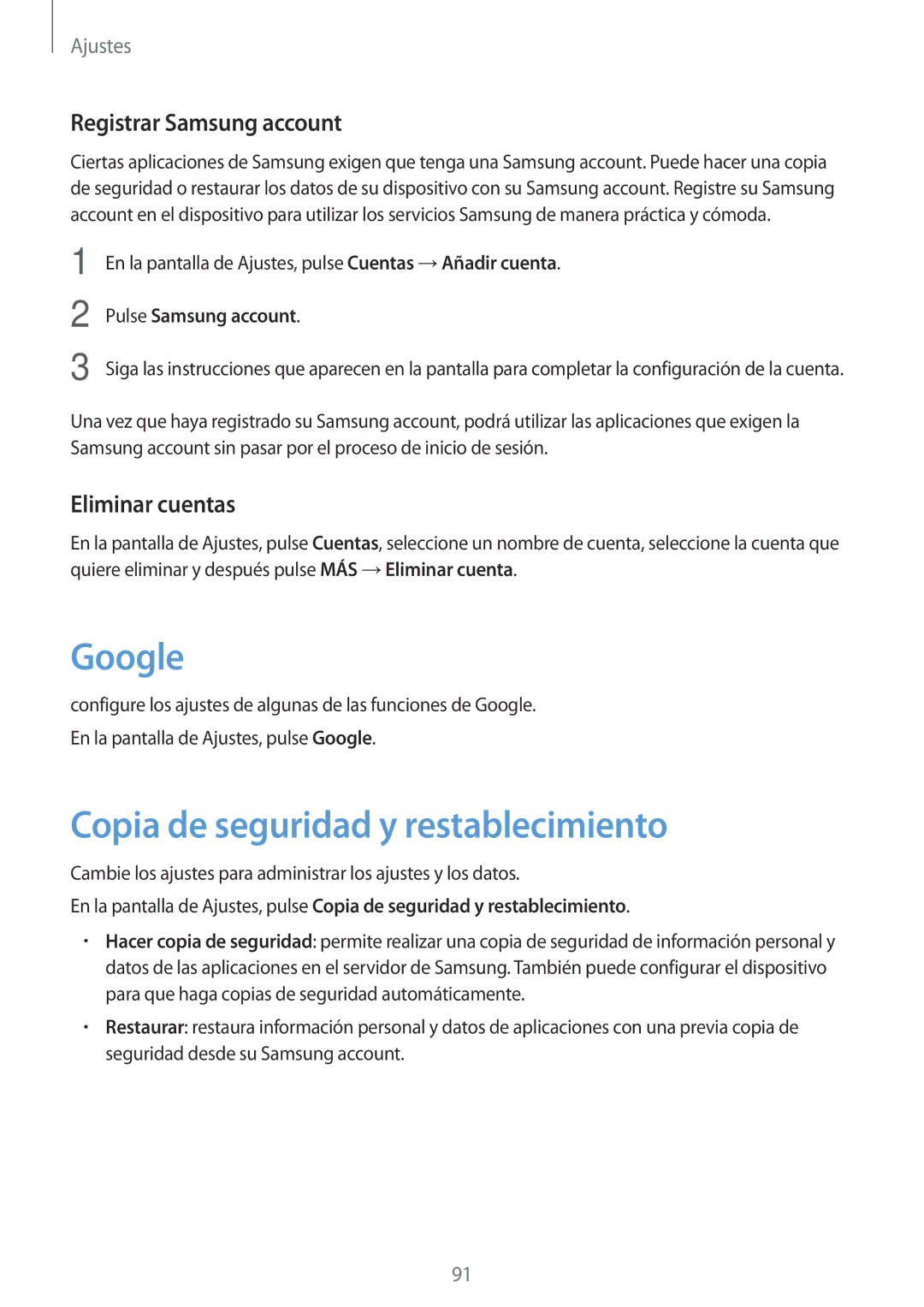 Samsung SM-T585NZKEPHE manual Google, Copia de seguridad y restablecimiento, Registrar Samsung account, Eliminar cuentas 