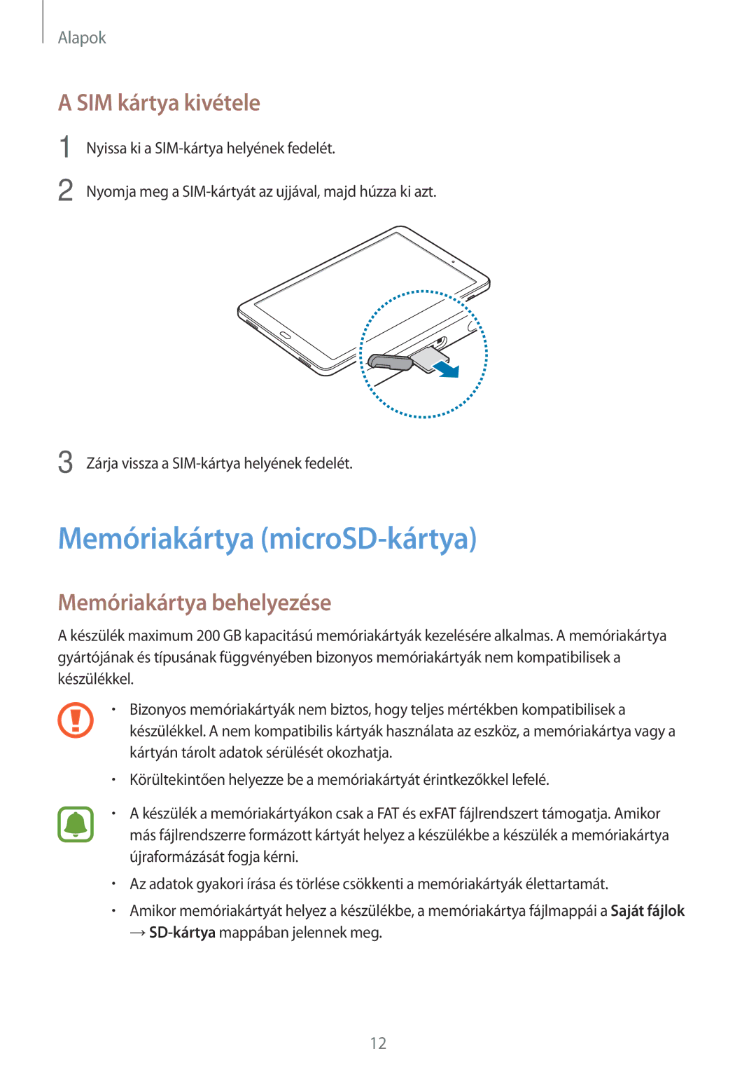 Samsung SM-T585NZWAXEH, SM-T585NZKAXEH manual Memóriakártya microSD-kártya, SIM kártya kivétele, Memóriakártya behelyezése 