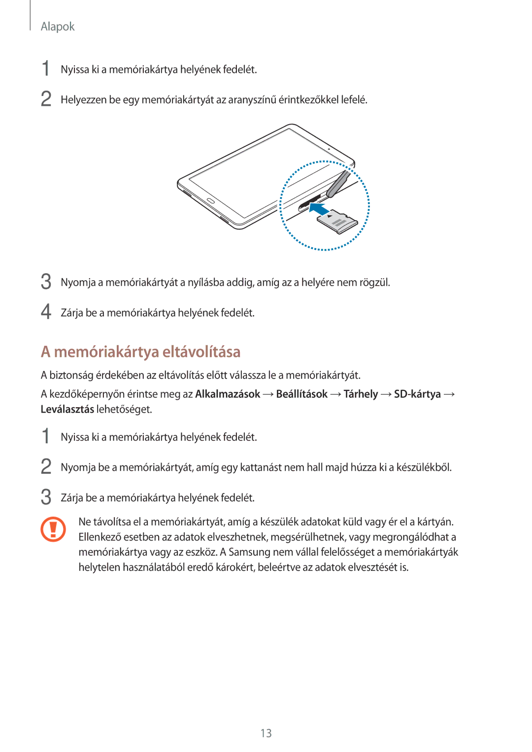 Samsung SM-T585NZKAXEH, SM-T585NZWAXEH manual Memóriakártya eltávolítása 