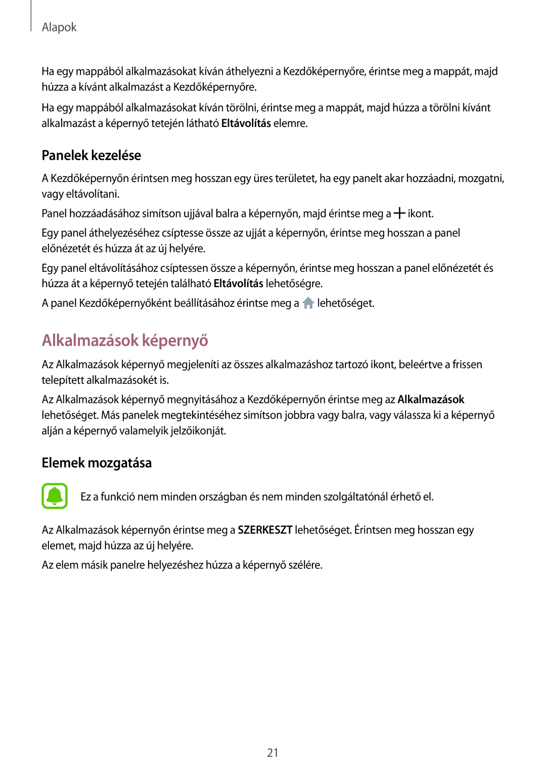 Samsung SM-T585NZKAXEH, SM-T585NZWAXEH manual Alkalmazások képernyő, Panelek kezelése 