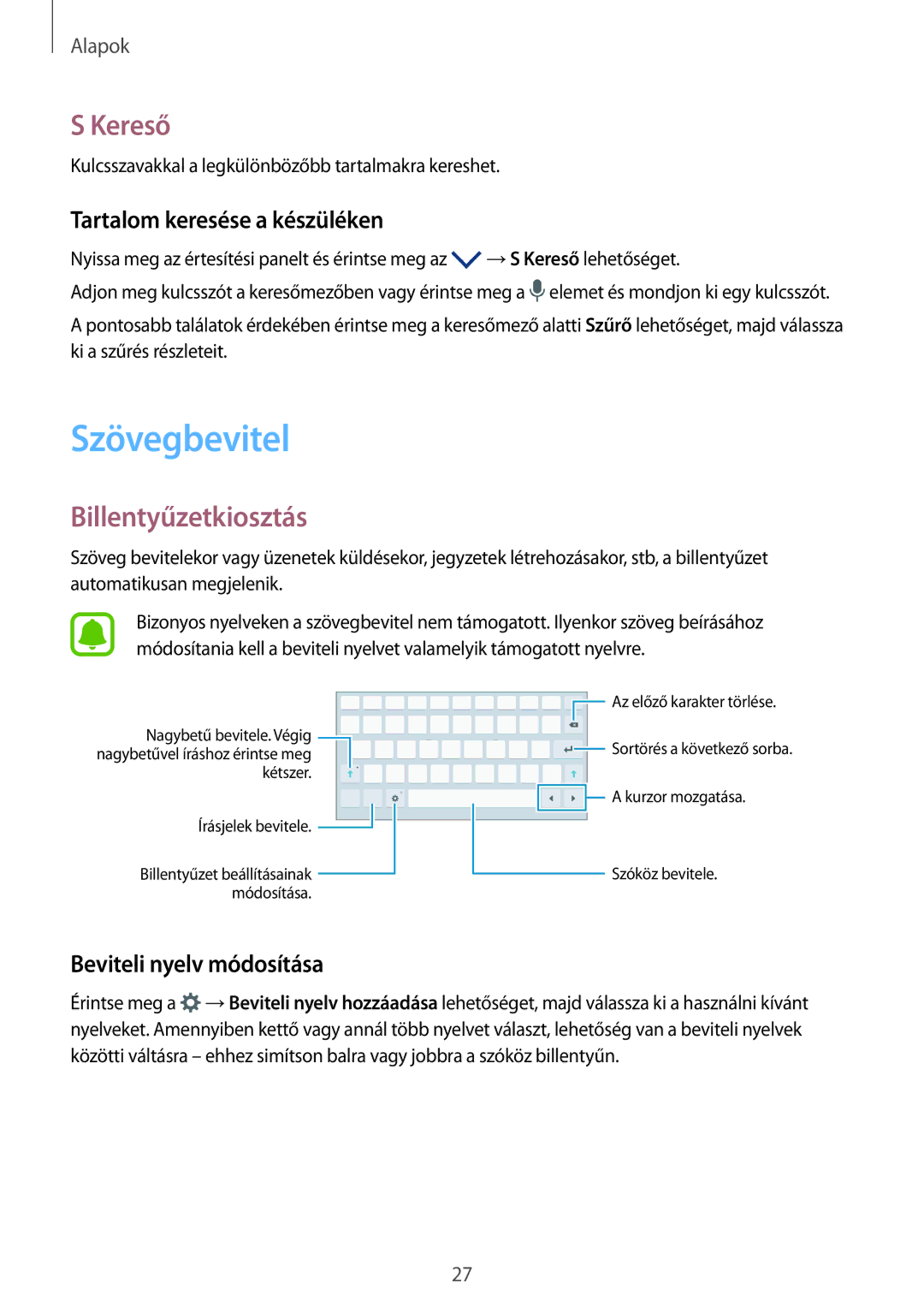 Samsung SM-T585NZKAXEH, SM-T585NZWAXEH manual Szövegbevitel, Kereső, Billentyűzetkiosztás, Tartalom keresése a készüléken 