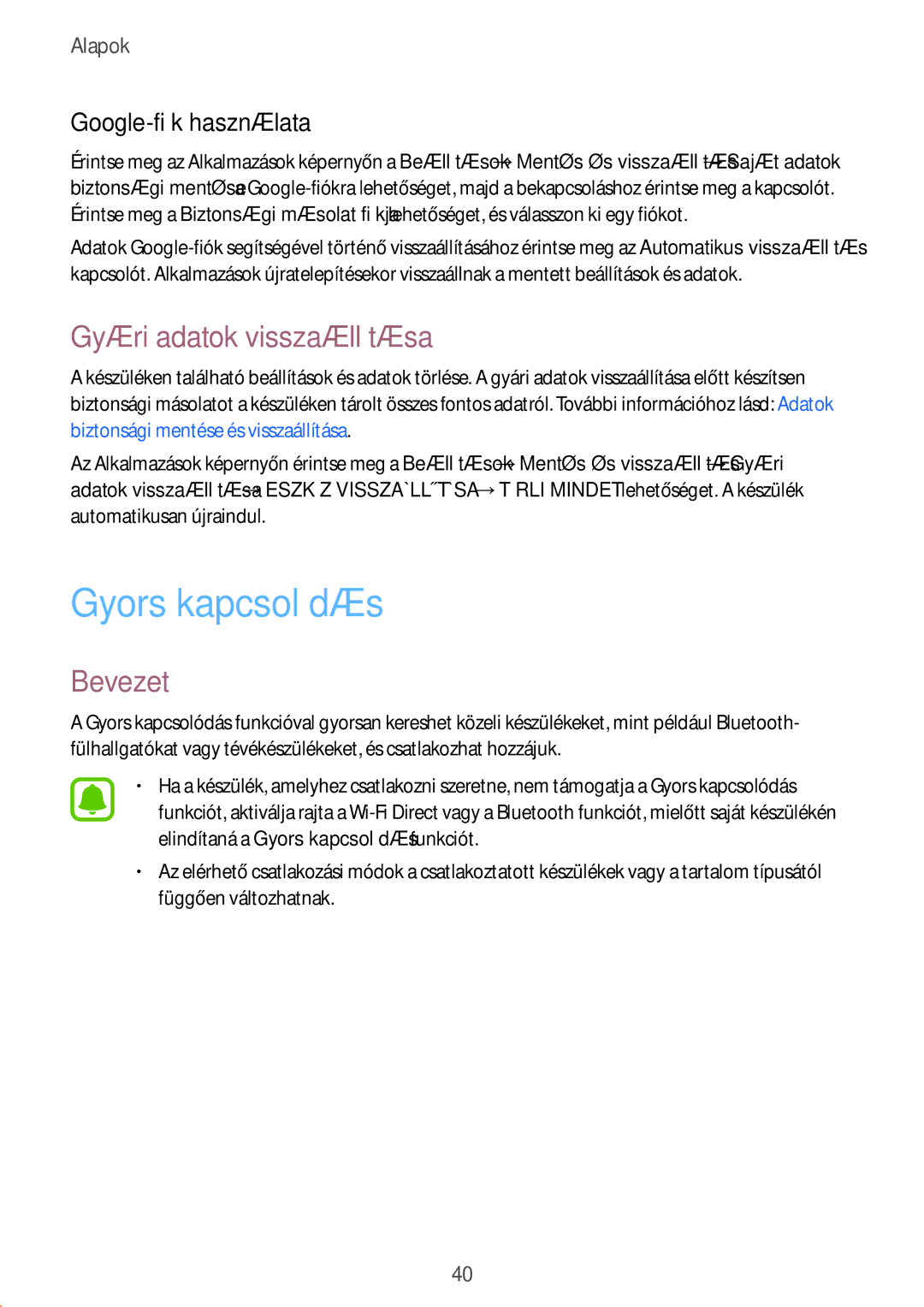 Samsung SM-T585NZWAXEH, SM-T585NZKAXEH manual Gyors kapcsolódás, Gyári adatok visszaállítása, Google-fiók használata 