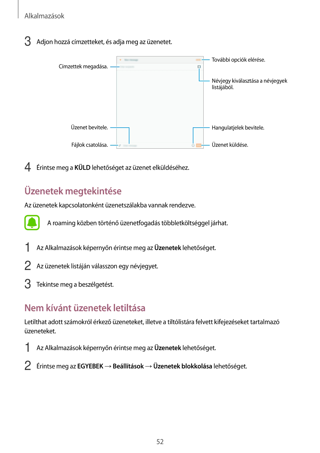 Samsung SM-T585NZWAXEH, SM-T585NZKAXEH manual Üzenetek megtekintése, Nem kívánt üzenetek letiltása 