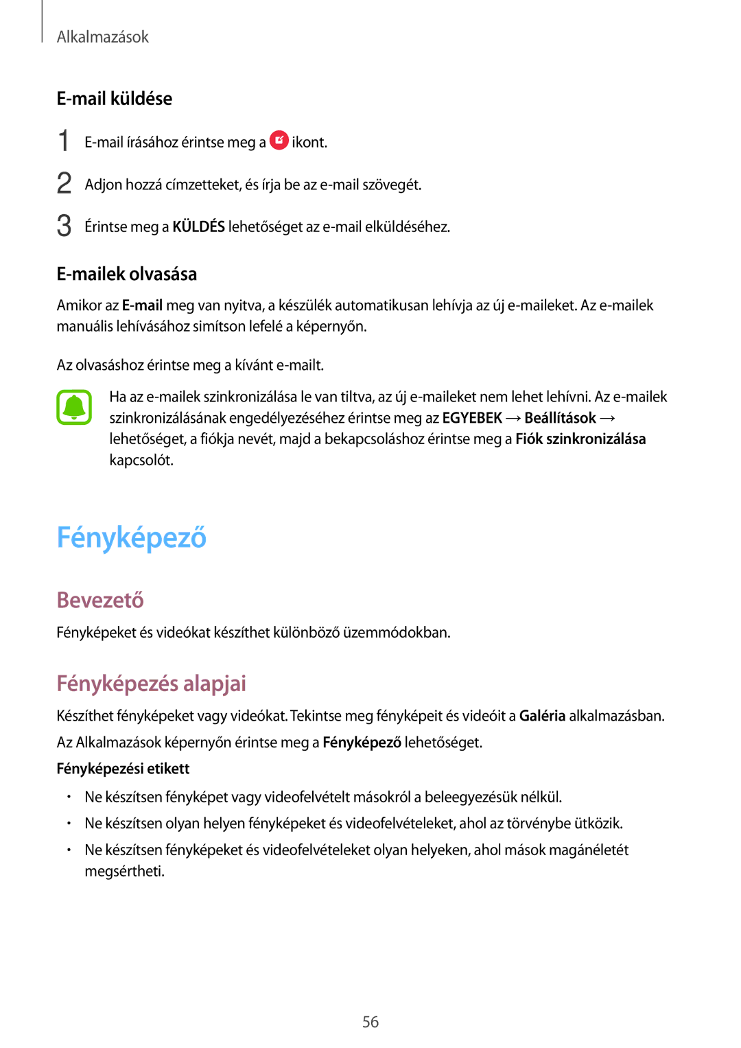 Samsung SM-T585NZWAXEH, SM-T585NZKAXEH manual Fényképező, Fényképezés alapjai, Mail küldése, Mailek olvasása 