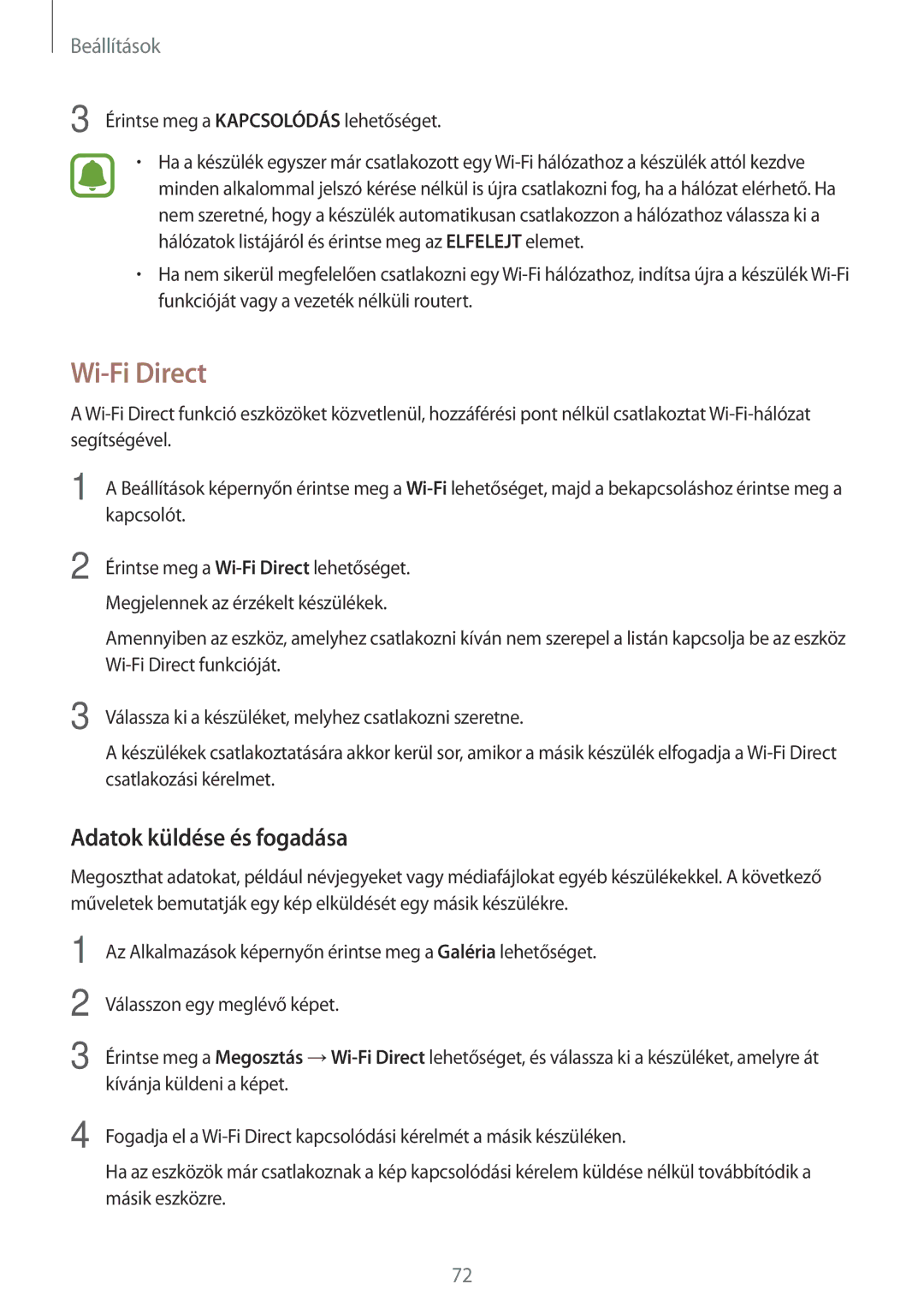 Samsung SM-T585NZWAXEH, SM-T585NZKAXEH manual Wi-Fi Direct, Adatok küldése és fogadása 