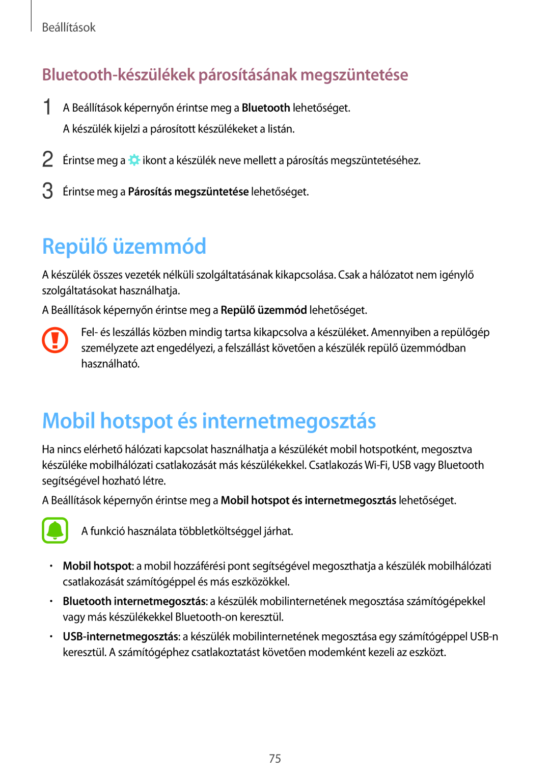 Samsung SM-T585NZKAXEH, SM-T585NZWAXEH manual Repülő üzemmód, Mobil hotspot és internetmegosztás 