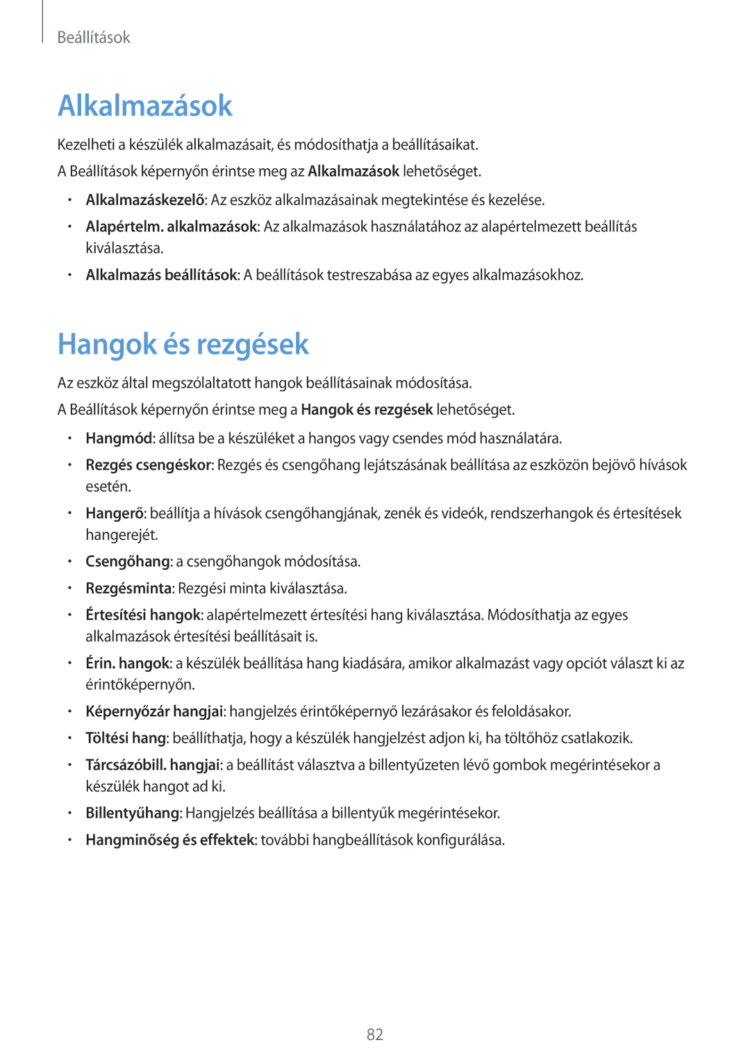 Samsung SM-T585NZWAXEH, SM-T585NZKAXEH manual Alkalmazások, Hangok és rezgések 