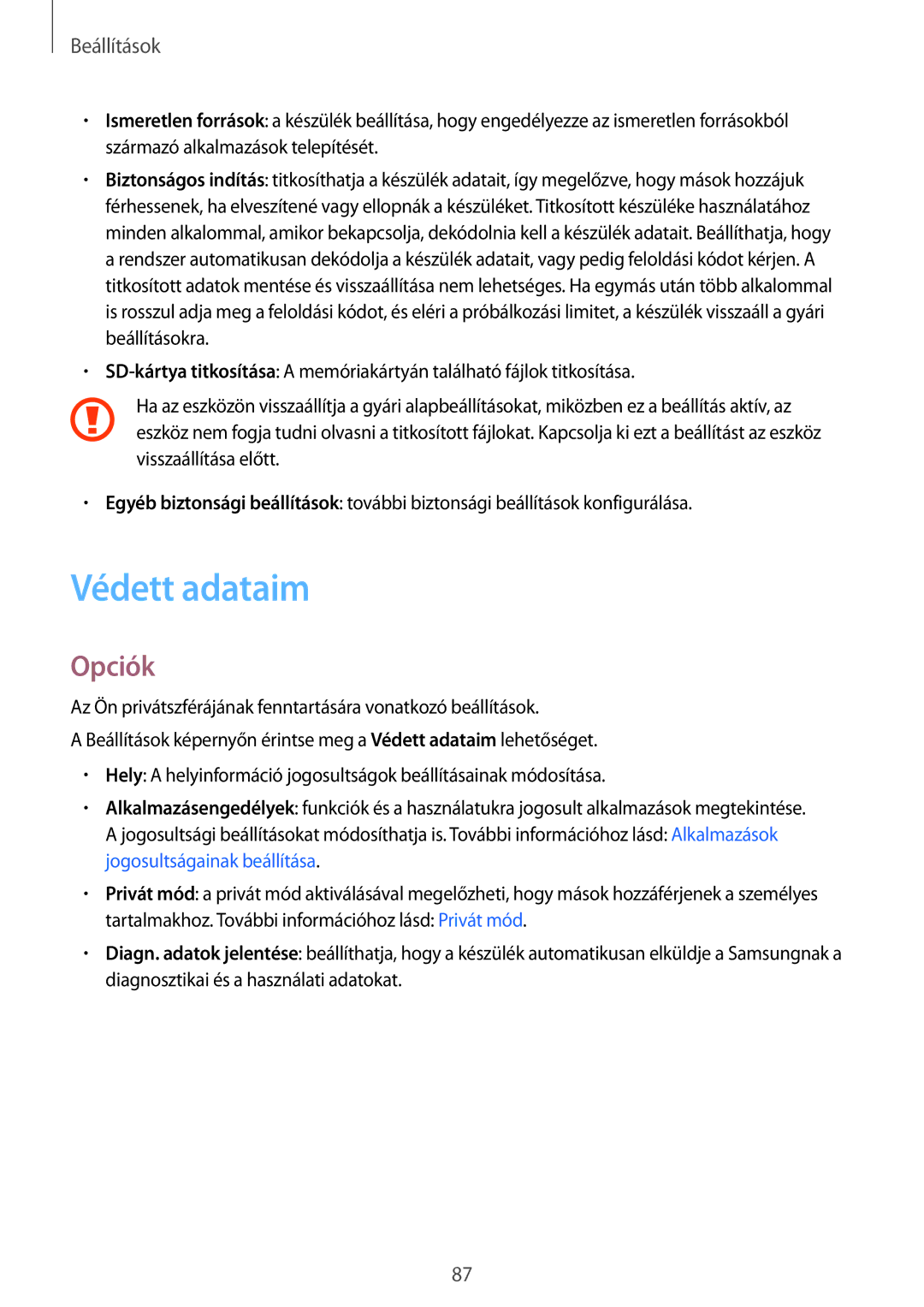 Samsung SM-T585NZKAXEH, SM-T585NZWAXEH manual Védett adataim, Opciók 