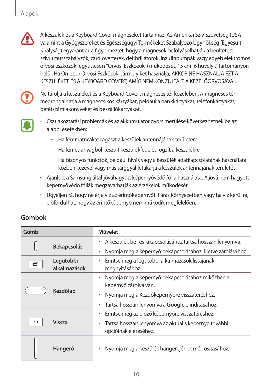 Samsung SM-T585NZWAXEH, SM-T585NZKAXEH manual Gombok, Gomb Művelet Bekapcsolás 