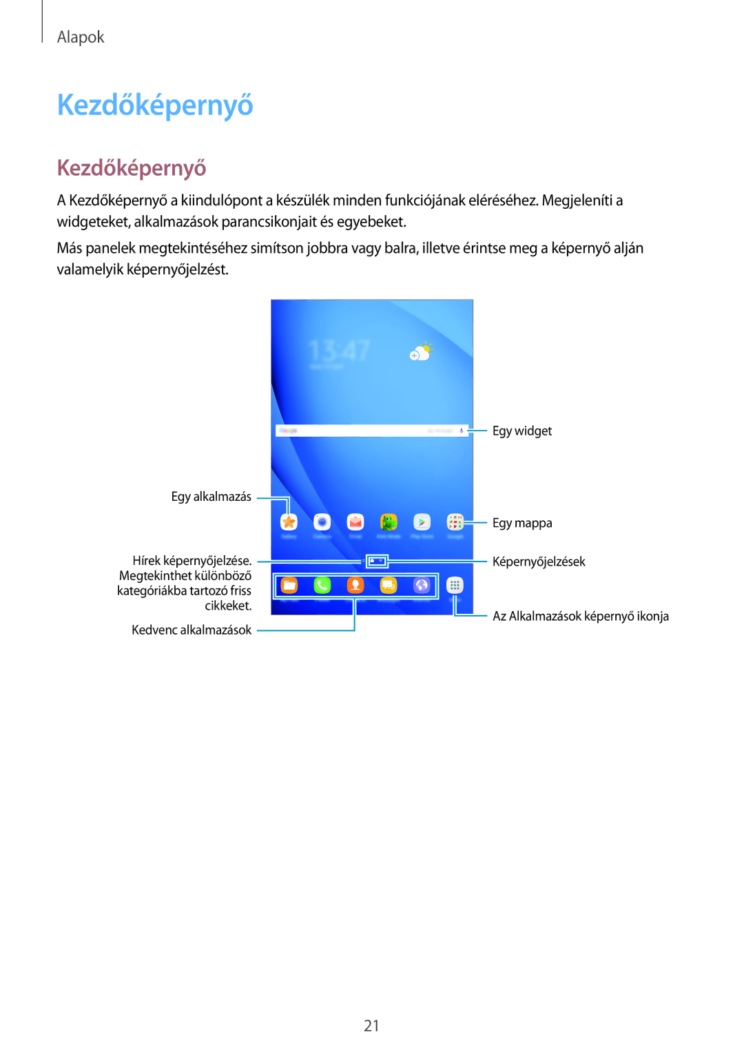 Samsung SM-T585NZKAXEH, SM-T585NZWAXEH manual Kezdőképernyő 