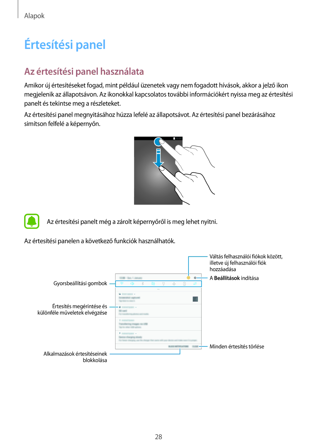 Samsung SM-T585NZWAXEH, SM-T585NZKAXEH manual Értesítési panel, Az értesítési panel használata 