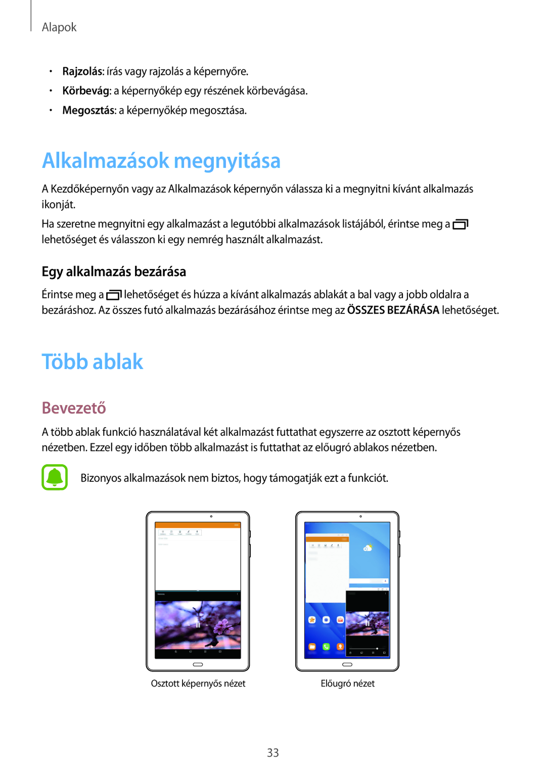 Samsung SM-T585NZKAXEH, SM-T585NZWAXEH manual Alkalmazások megnyitása, Több ablak, Bevezető, Egy alkalmazás bezárása 