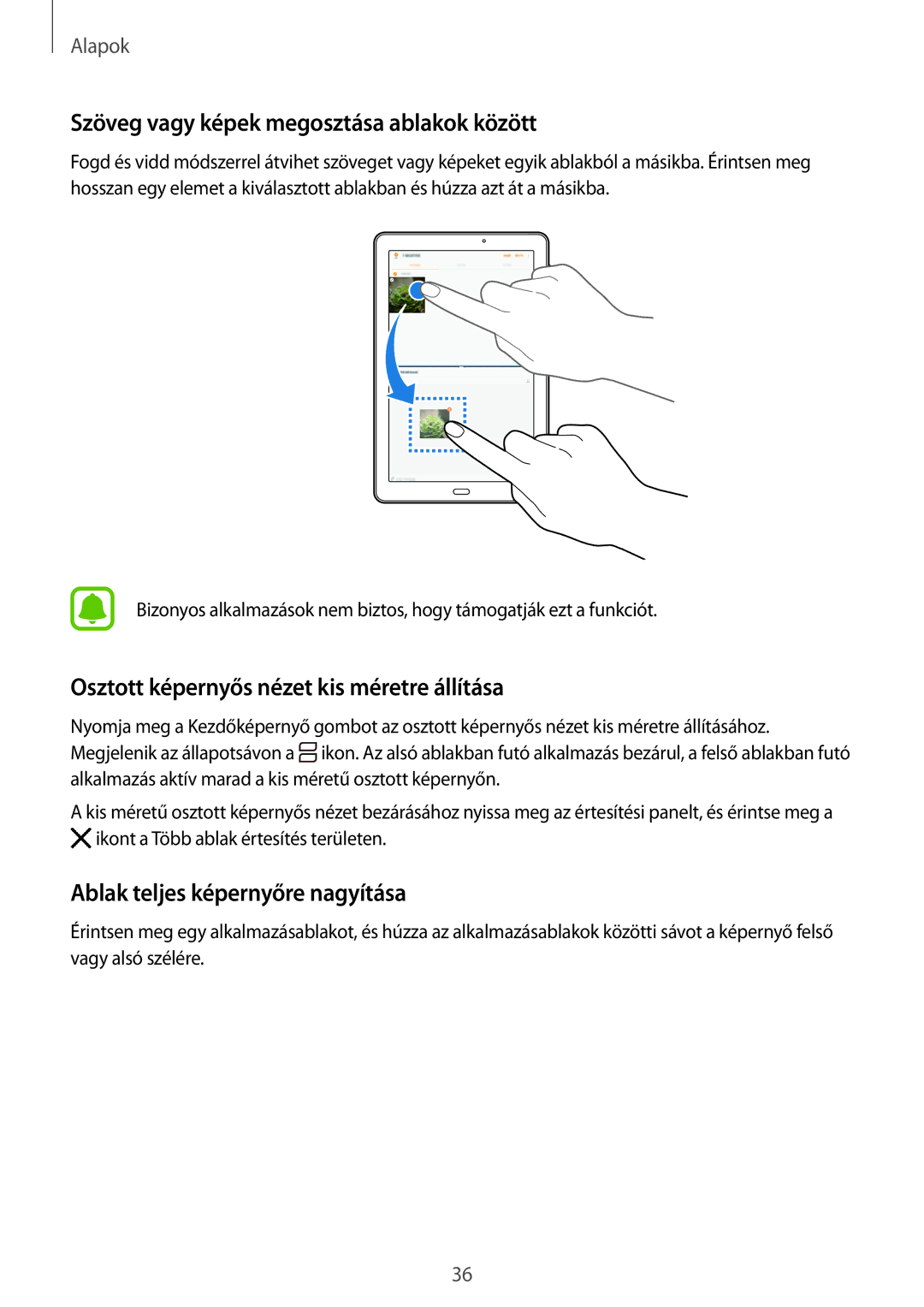 Samsung SM-T585NZWAXEH manual Szöveg vagy képek megosztása ablakok között, Osztott képernyős nézet kis méretre állítása 