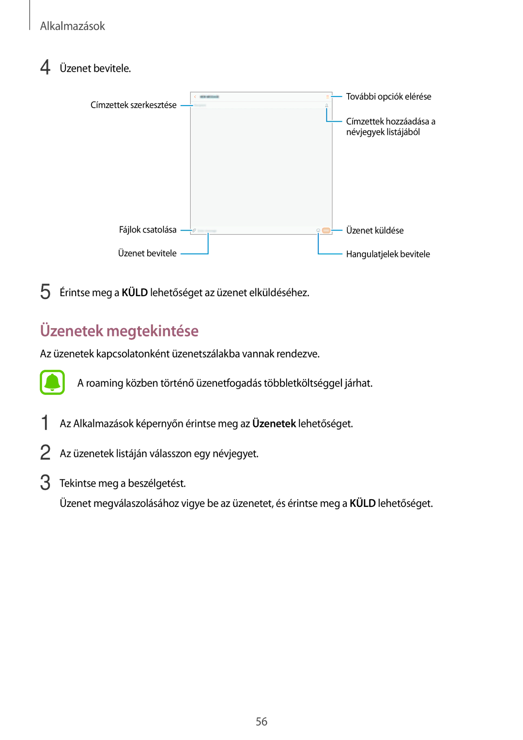 Samsung SM-T585NZWAXEH, SM-T585NZKAXEH manual Üzenetek megtekintése, Üzenet bevitele 