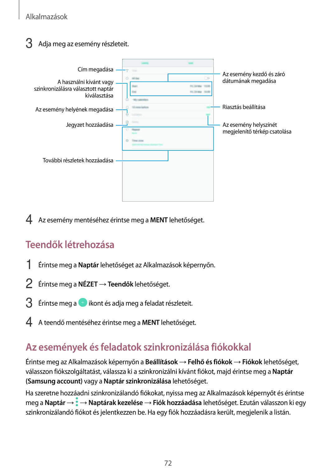 Samsung SM-T585NZWAXEH, SM-T585NZKAXEH manual Teendők létrehozása, Az események és feladatok szinkronizálása fiókokkal 