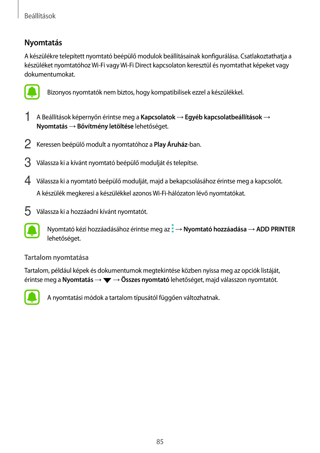 Samsung SM-T585NZKAXEH, SM-T585NZWAXEH manual Nyomtatás, Tartalom nyomtatása 