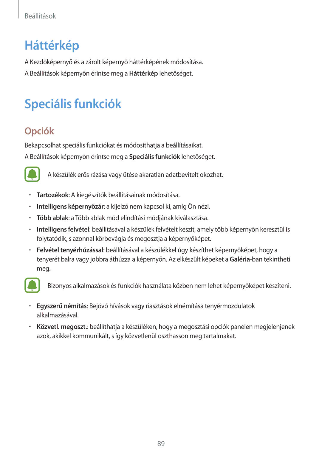 Samsung SM-T585NZKAXEH, SM-T585NZWAXEH manual Háttérkép, Speciális funkciók 