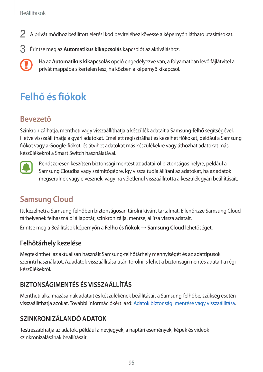 Samsung SM-T585NZKAXEH, SM-T585NZWAXEH manual Felhő és fiókok, Samsung Cloud, Felhőtárhely kezelése 