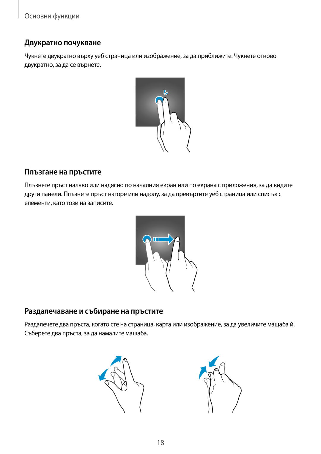 Samsung SM-T670NZKABGL, SM-T670NZWABGL Двукратно почукване, Плъзгане на пръстите, Раздалечаване и събиране на пръстите 